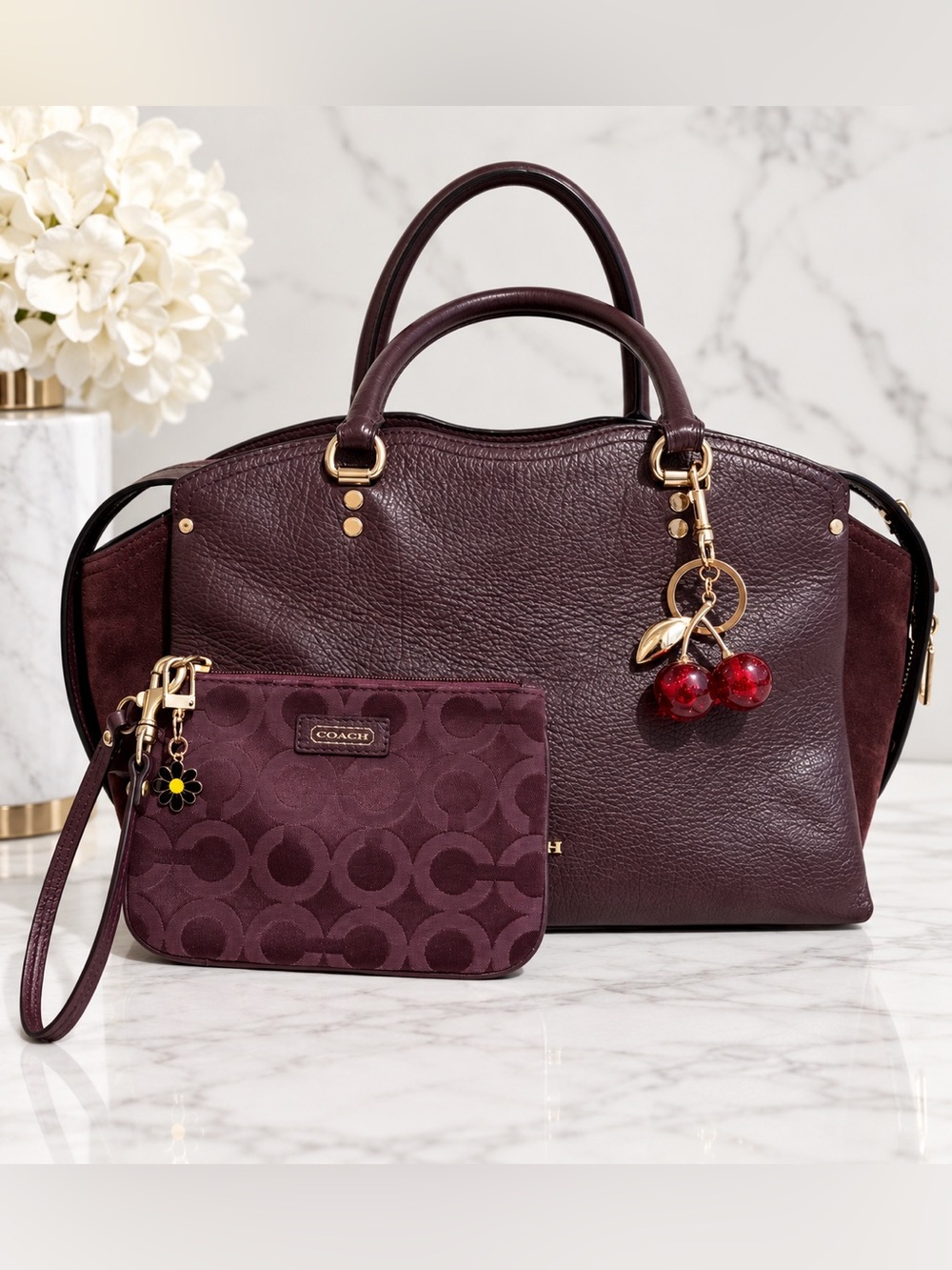 Coach Dark Brown/Burgundy Leather & Suede Satchel + Coordinating Wristlet - Picture 2 of 14